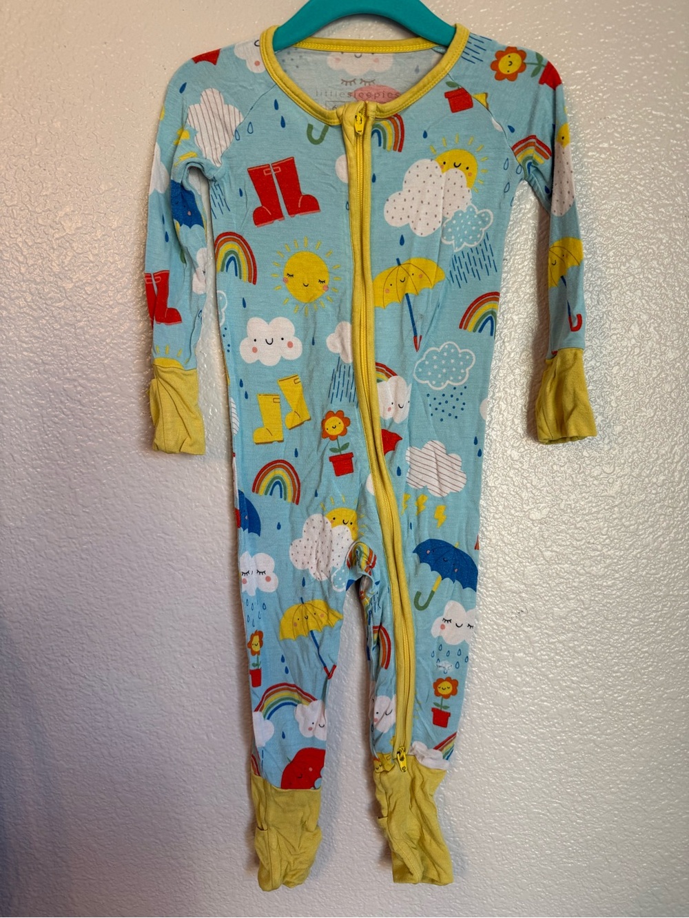 Little Sleepies Blue Rainy Day Print One-Piece with Yellow Trim
